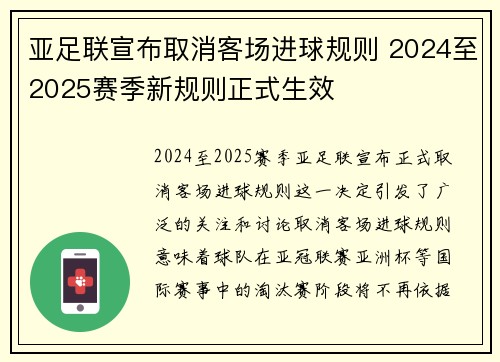 亚足联宣布取消客场进球规则 2024至2025赛季新规则正式生效