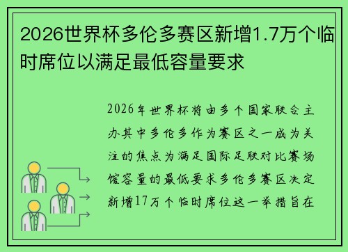 2026世界杯多伦多赛区新增1.7万个临时席位以满足最低容量要求
